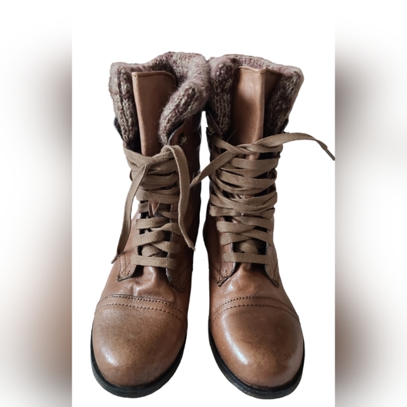 STEVE MADDON JENNYYY BROWN LEATHER COMBAT BOOTS LACE UP & ZIPPER TEXTILE LINING - Picture 3 of 15